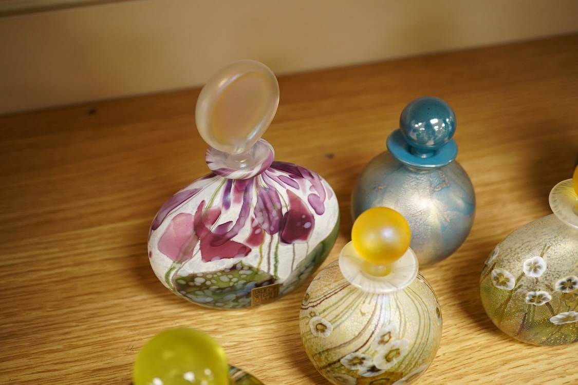 Eleven Isle of Wight studio glass scent bottles and stoppers and a similar apple and pear shaped studio paperweight, tallest scent bottle 13cm high